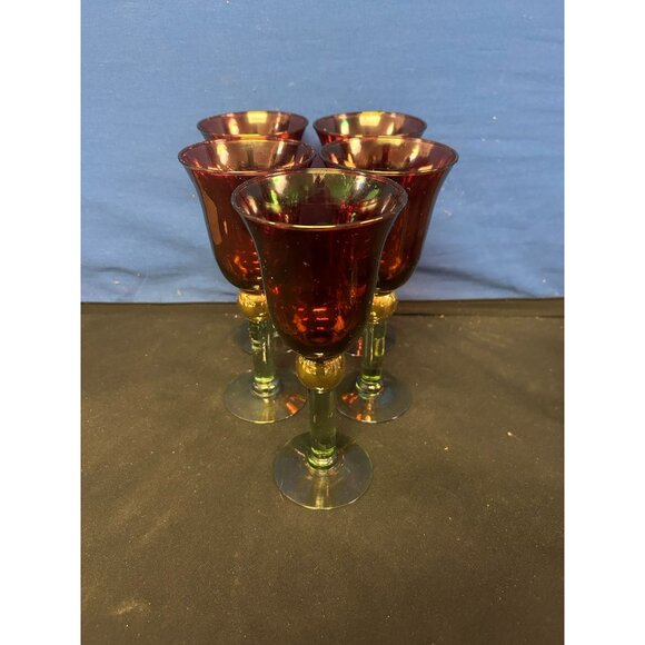Set Of 5 Vintage Red & Green Glass Goblets With Gold Accents - Picture 1 of 4